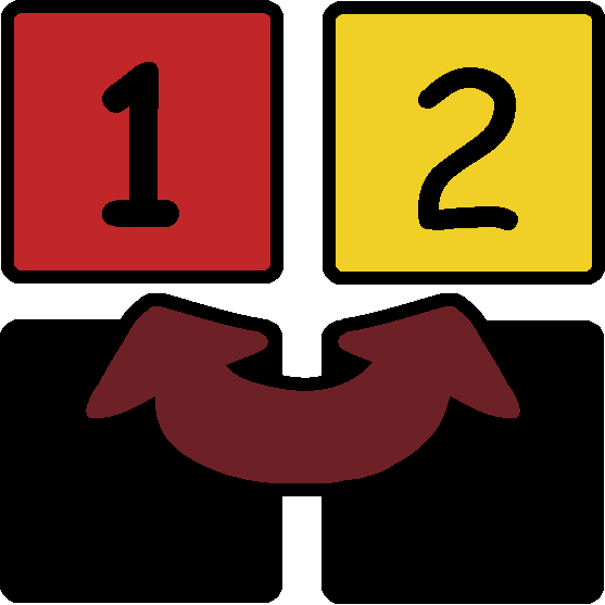 Four squares arranged together, with a red square with a one and a yellow square with a two that have a red arrow connecting them. The other two squares are blacked out.